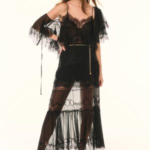 Aureline Silk Lace Pleated Maxi Skirt