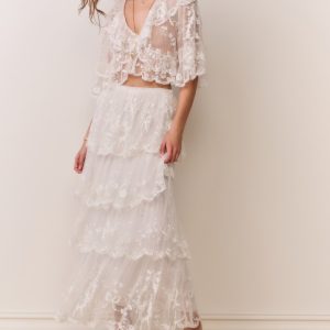 Celesa Embroidered Mesh Tiered Maxi Skirt