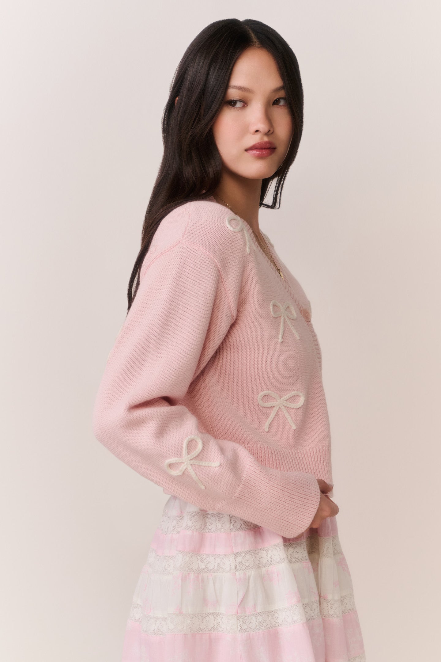 Francette Cotton Bow Embroidered Cardigan - Image 4