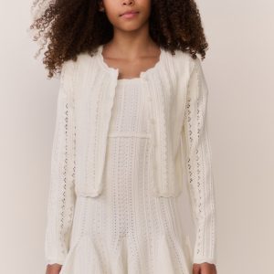 Tween Emlynn Stretch Pointelle Cardigan - WHITE TEA