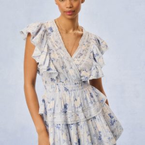 Gwen Fragrance Print Cotton Mini Dress - WHISPER BLUE