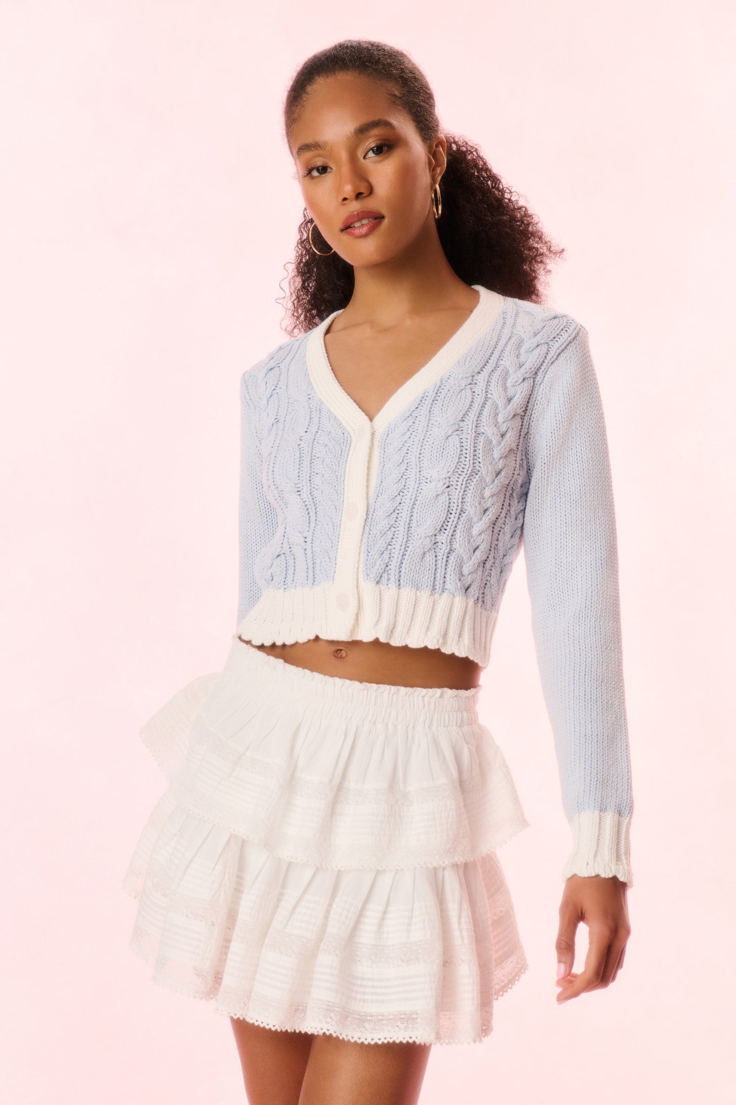 Hyacinth Cropped Cable Knit Cardigan - SUGAR SKY