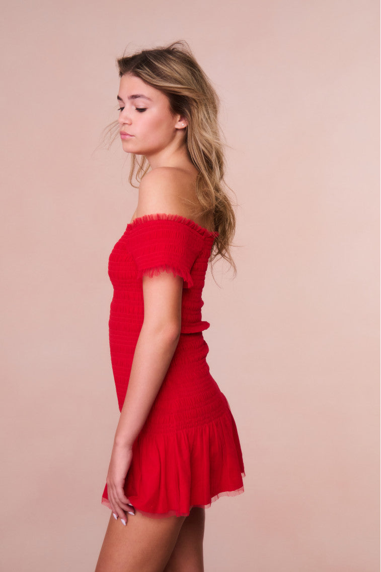 Girls Mosa Off-The-Shoulder Mini Dress - CRIMSON RED - Image 2